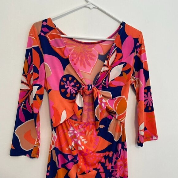 TRINA TRINA TURK Ocean Floral Matte Jersey Tie Back Dress Orange Pink Mini Party - Picture 12 of 14